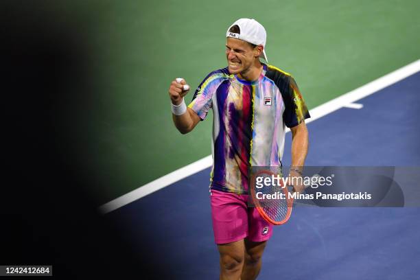 Diego Schwartzman of Argentina celebrates a victory against Alejandro Davidovich Fokina of Spain during Day 4 of the National Bank Open at Stade IGA...
