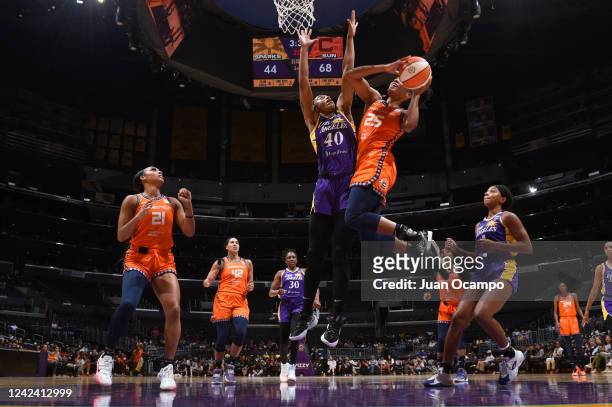 Alyssa Thomas of the Connecticut Sun drives to the basket during the game against the Los Angeles Sparks on August 9, 2022 at Crypto.com Arena in Los...