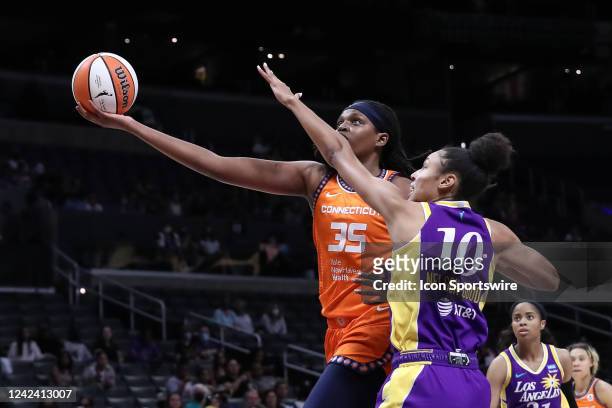 Connecticut Sun forward Jonquel Jones goes up for a shot during the Connecticut Sun game versus the Los Angeles Sparks, on August 9 at Crypto.com...