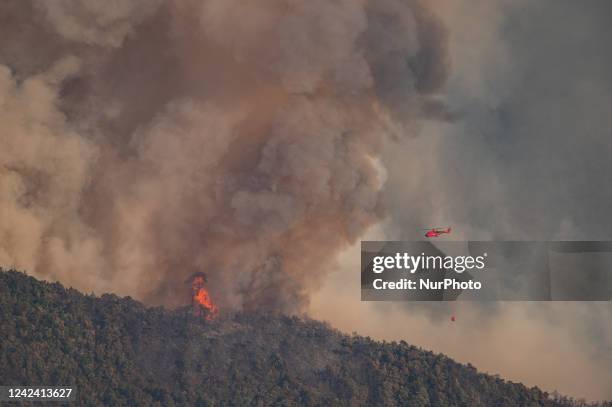 Water bomber helicopter is mobilized on a major forest fire that broke out near the town of Romeyer in the Diois massif located in the Drôme...