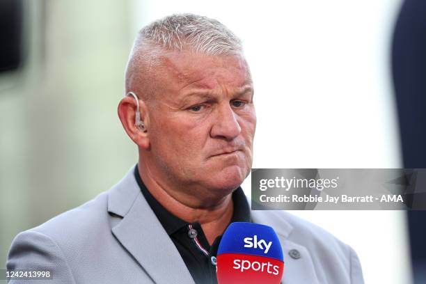 Dean Windass reporting for Sky Sports during the Carabao Cup First Round match between Bradford City and Hull City at Northern Commercials Stadium on...