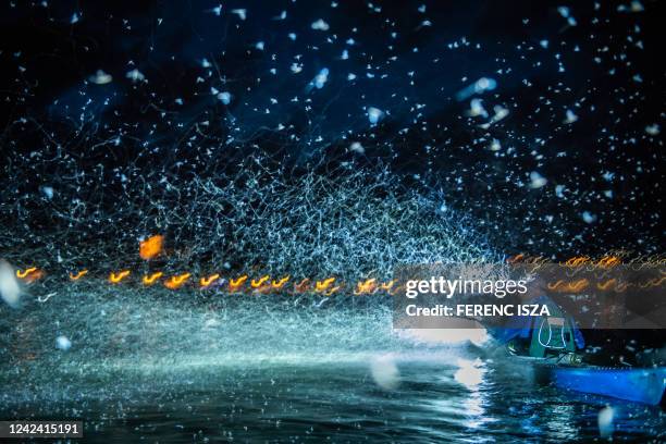 Swarm of mayflies flies by a boat over the surface of the river Danube after sunset in Szentendre, north of Budapest, Hungary, on August 9, 2022....