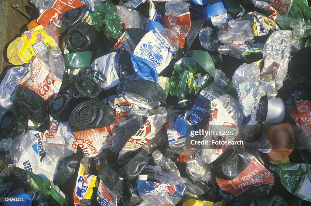 Plastic bottles crushed and ready for processing at a recycling center in USA