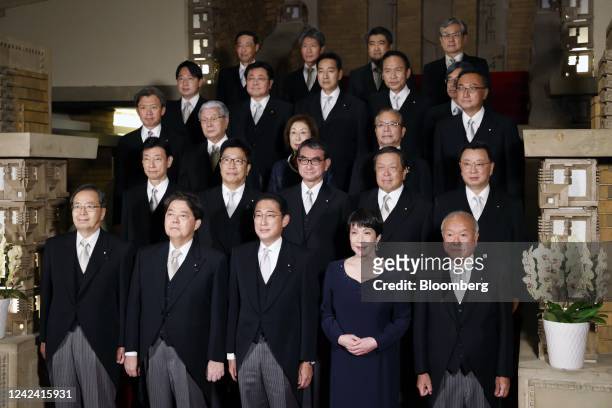 Fumio Kishida, Japan's prime minister, front row center, with his cabinet members in Tokyo, Japan, on Wednesday, Aug. 10, 2022. Japan's cabinet...