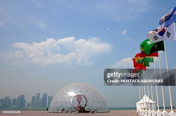 General view shows the dome covering the Qatar 2022 FIFA World Cup countdown clock in Doha on August 10, 2022. - The World Cup's start will be...