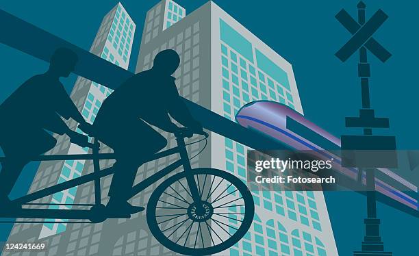 ilustrações, clipart, desenhos animados e ícones de silhouette of two people riding a tandem bicycle - mode