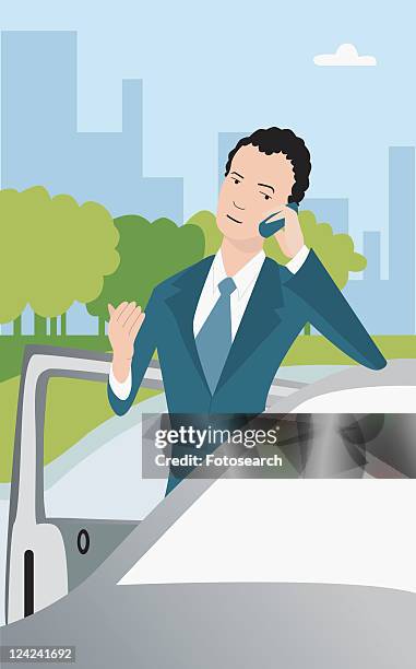 ilustrações, clipart, desenhos animados e ícones de close-up of a businessman using a mobile phone and leaning on a car - mode