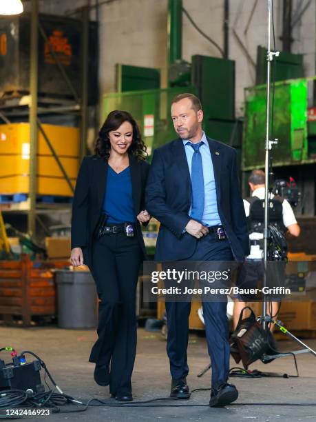 Donnie Wahlberg and Marisa Ramirez are seen at film set of the 'Blue Bloods' TV Series on August 09, 2022 in New York City.