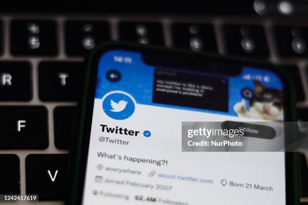 Twitter account of Twitter displayed on a phone screen and a laptop keyboard are seen in this illustration photo taken in Krakow, Poland on August...