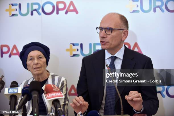 Leader of Democratic PartY Enrico Letta and Emma Bonino attend the Press conference of the Democratic Party and + Europa on the agreement for the...