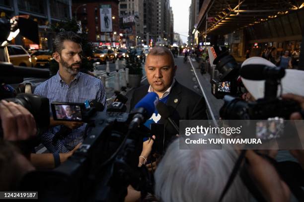 Immigrant Affairs Commissioner Manuel Castro speaks to member of the press before the arrival of migrants from Texas at Port Authority Bus Terminal...