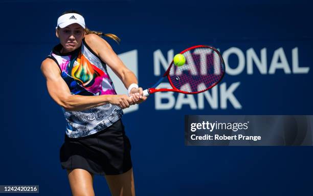 Elena Rybakina of Kazakhstan hits a shot against Coco Gauff of the United States during her second round match on Day 5 of the National Bank Open,...