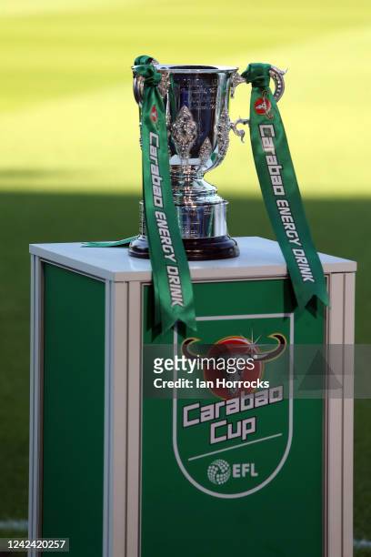 The Carabao Cup sits pitchside before the Carabao Cup first round match between Sheffield Wednesday and Sunderland at Hillsborough on August 10, 2022...