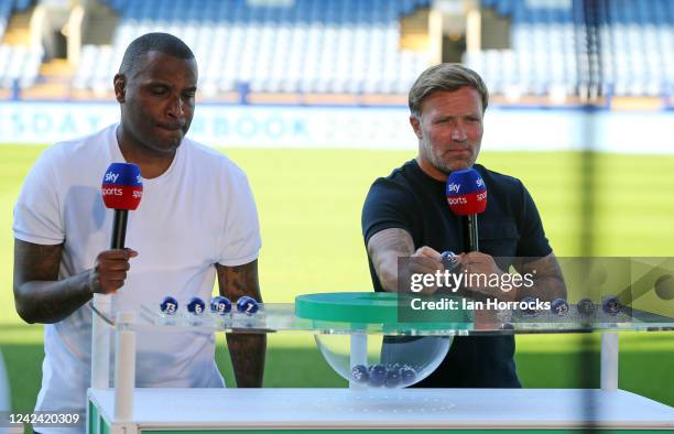 Clinton Morrison and Michael Gray practice the draw before the Carabao Cup first round match between Sheffield Wednesday and Sunderland at...