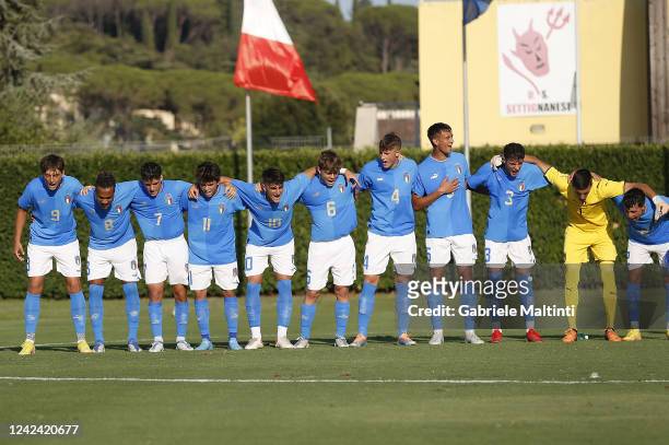 Italy U19 players line up prior the International Friendy match between Italy U19 and Albania U19 on August 10, 2022 in Florence, Italy.