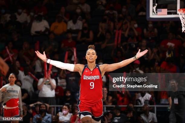 Natasha Cloud of the Washington Mystics celebrates during the game against the Los Angeles Sparks on August 7, 2022 at Entertainment & Sports Arena...