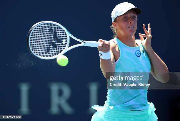 Iga Swiatek of Poland hits a shot against Ajla Tomljanovic of Australia during the National Bank Open, part of the Hologic WTA Tour, at Sobeys...