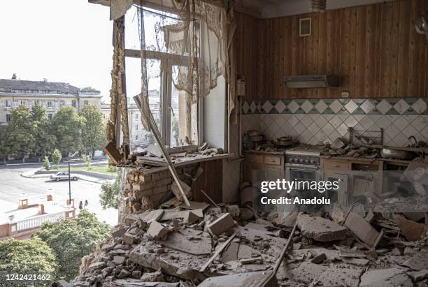 View of the damage after missile and artillery strikes by Russian forces in Marhanets, Dnipropetrovsk Oblast, Ukraine on August 10, 2022. Facades and...