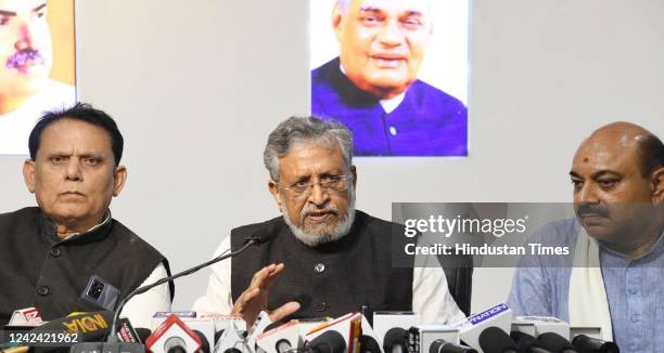 Sushil Kumar Modi addresses a press conference at party office on August 10, 2022 in Patna, India. JD leader Nitish Kumar took oath as Chief Minister...