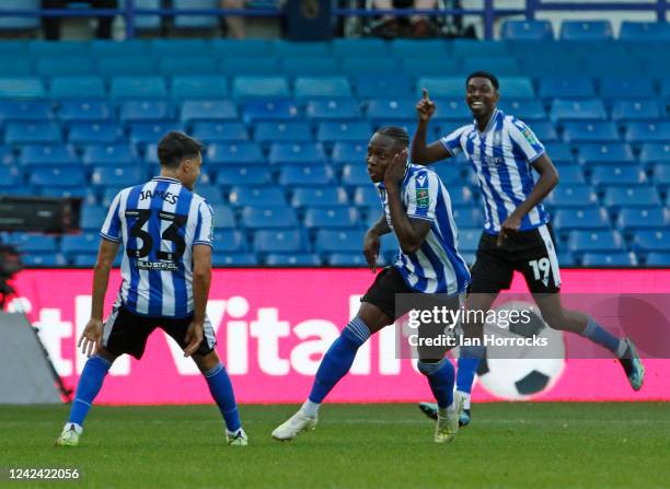 Dennis Adeniran of Sheffield Wednesday celebrates after he scores the opening goal during the Carabao Cup first round match between Sheffield...