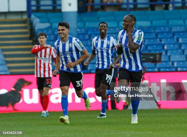 Dennis Adeniran of Sheffield Wednesday celebrates after he scores the opening goal during the Carabao Cup first round match between Sheffield...