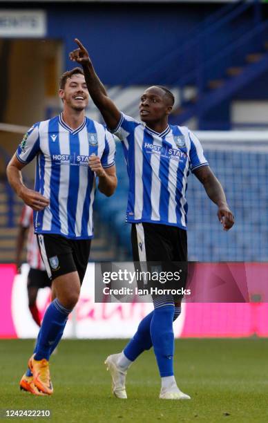 Dennis Adeniran of Sheffield Wednesday celebrates after he scores the opening goal during the Carabao Cup first round match between Sheffield...