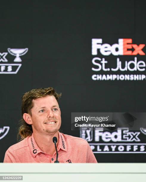 Cameron Smith of Australia smiles during a press conference prior to the FedEx St. Jude Championship, the first event of the FedExCup Playoffs, at...