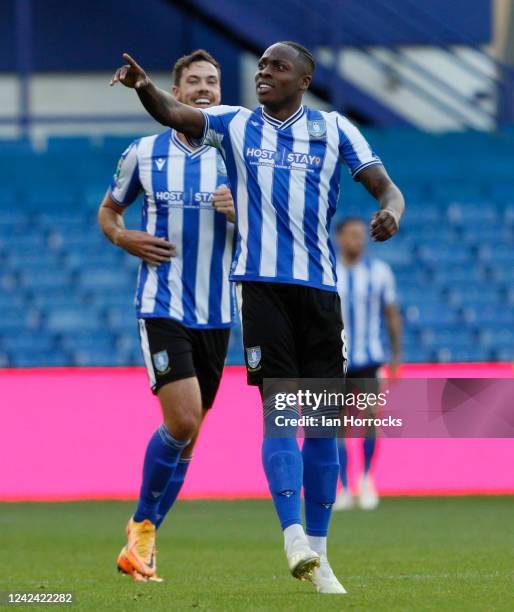 Dennis Adeniran of Sheffield Wednesday celebrates after he scores the opening goal during the Carabao Cup first round match between Sheffield...