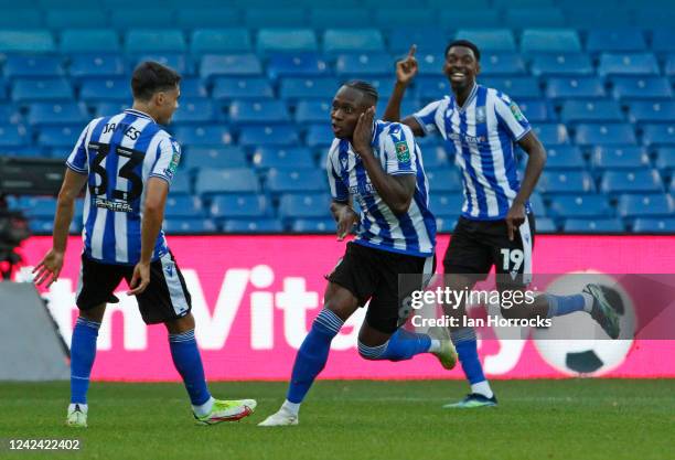 Dennis Adeniran of Sheffield Wednesday celebrates after he scores the opening goal during the Carabao Cup first round match between Sheffield...