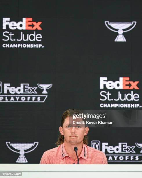 Cameron Smith of Australia listens during a press conference prior to the FedEx St. Jude Championship, the first event of the FedExCup Playoffs, at...