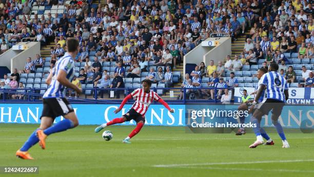 Harrison Sohna of Sunderland has blocked during the Carabao Cup first round match between Sheffield Wednesday and Sunderland at Hillsborough on...