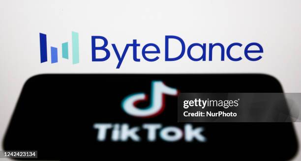 ByteDance logo displayed on a screen and TikTok logo displayed on a phone screen are seen in this illustration photo taken in Krakow, Poland on...