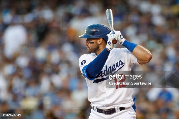 Los Angeles Dodgers right fielder Joey Gallo waits for the pitch during a regular season game between the San Diego Padres and Los Angeles Dodgers on...