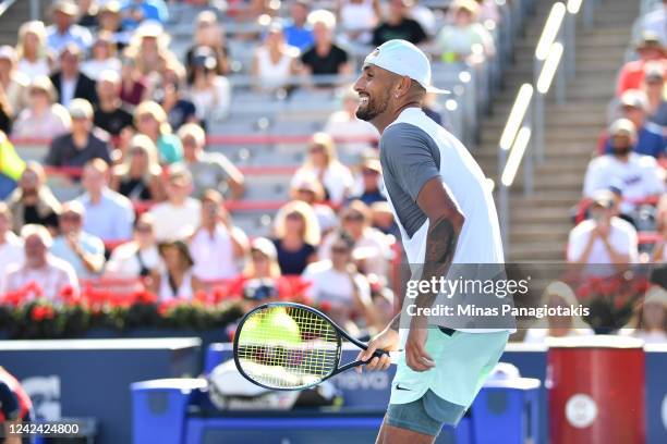 Nick Kyrgios of Australia celebrates his victory against Daniil Medveded during Day 5 of the National Bank Open at Stade IGA on August 10, 2022 in...