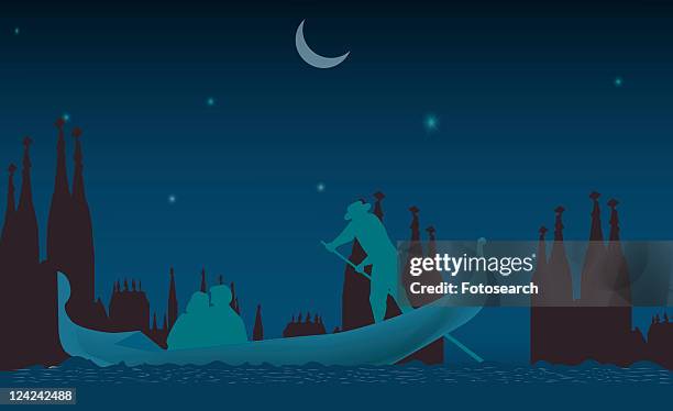 ilustrações, clipart, desenhos animados e ícones de silhouette of three people on a gondola at night, venice, veneto, italy - mode