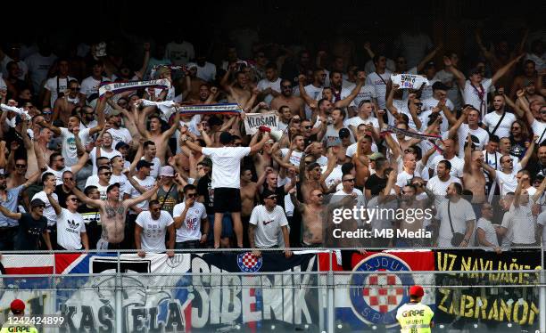 Fans of HNK Hajduk Split ,during the UEFA Europa Conference League 2022/23 Third Qualifying Round Second Leg match between Vitoria SC v HNK Hajduk...