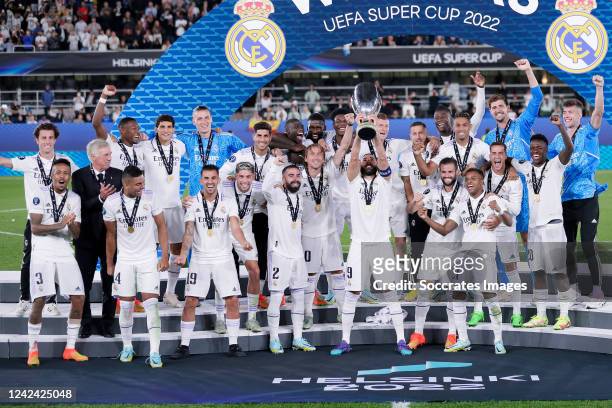 Thibaut Courtois of Real Madrid, Dani Carvajal of Real Madrid, Eder Militao of Real Madrid, David Alaba of Real Madrid, Jesus Vallejo of Real Madrid,...