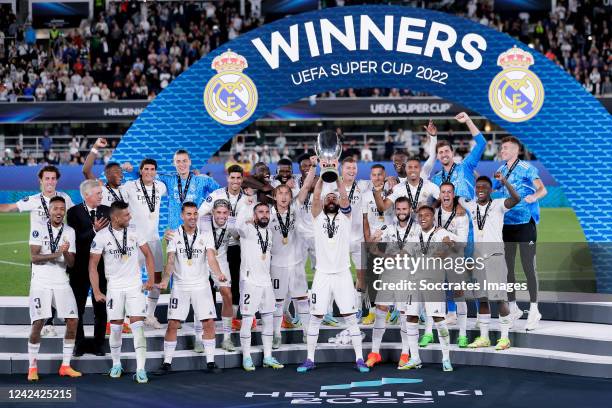 Thibaut Courtois of Real Madrid, Dani Carvajal of Real Madrid, Eder Militao of Real Madrid, David Alaba of Real Madrid, Jesus Vallejo of Real Madrid,...