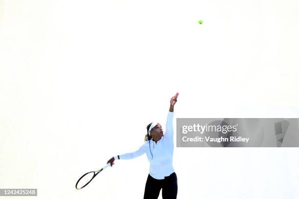 Serena Williams of the United States takes part in a practice session prior to her second round match tonight during the National Bank Open, part of...