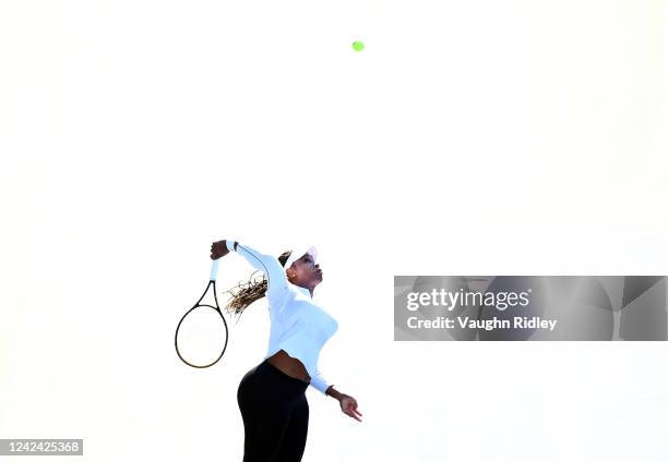 Serena Williams of the United States takes part in a practice session prior to her second round match tonight during the National Bank Open, part of...
