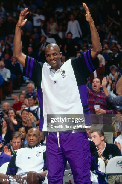 Michael Stewart of the Sacramento Kings looks on during a game against the New Jersey Nets on November 22,1999 at the Arco Arena in Sacramento,...