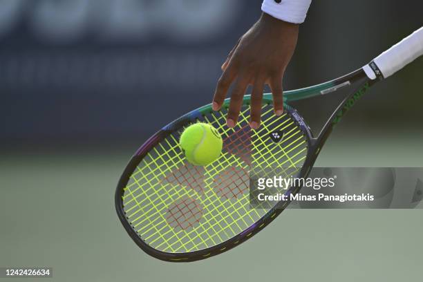 Detailed view of the racket used by Frances Tiafoe of the United States in his match against Taylor Fritz of the United States during Day 5 of the...