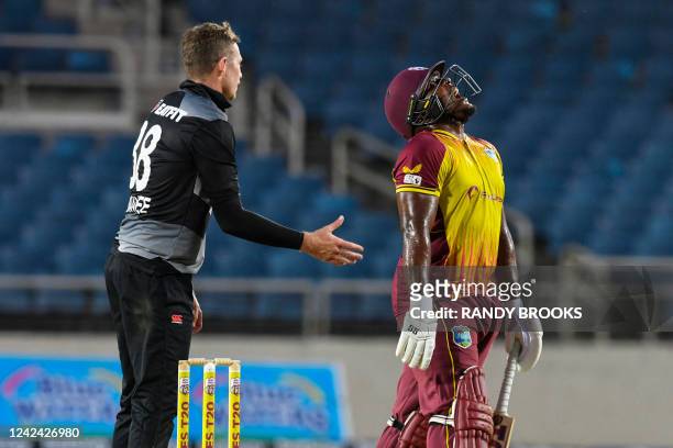 Odean Smith of West Indies expresses disappointment after losing the first T20i match between West Indies and New Zealand at Sabina Park in Kingston,...
