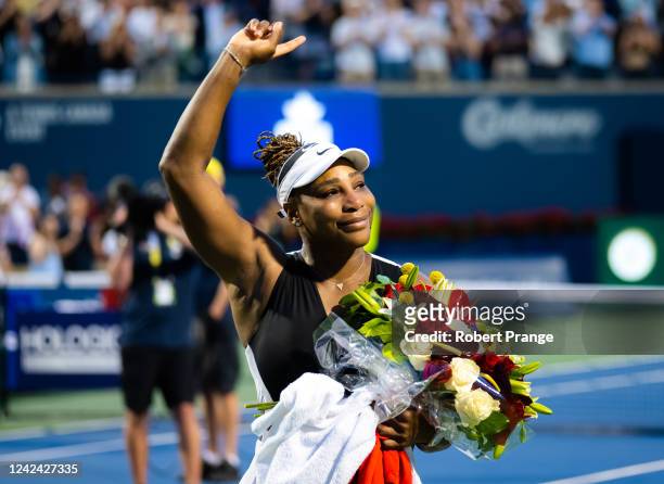 Serena Williams reacts during a post-match ceremony after losing to Belinda Bencic of Switzerland on Day 5 of the National Bank Open, part of the...