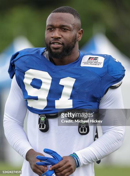 Yannick Ngakoue the Indianapolis Colts is seen during training camp on August 10, 2022 in Westfield, Indiana.