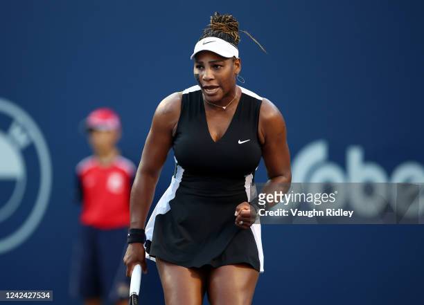 Serena Williams of the United States celebrates a point against Belinda Bencic of Switzerland during the National Bank Open, part of the Hologic WTA...