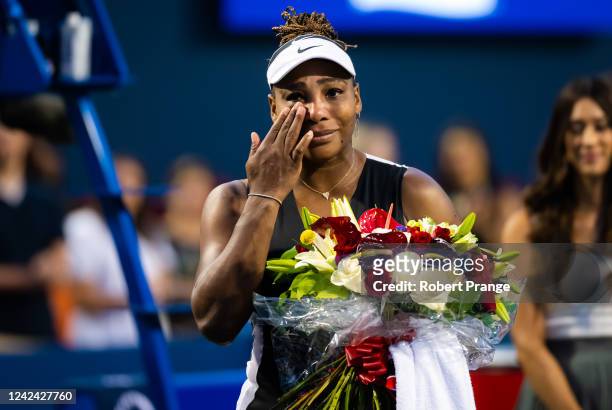Serena Williams reacts during a post-match ceremony after losing to Belinda Bencic of Switzerland on Day 5 of the National Bank Open, part of the...