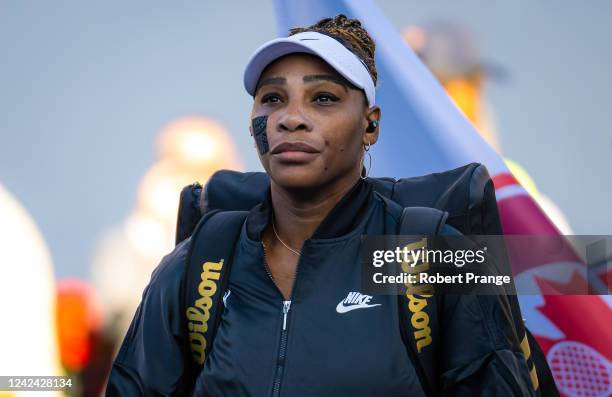 Serena Williams of the United States walks onto the court to play Belinda Bencic of Switzerland in her second round match on Day 5 of the National...