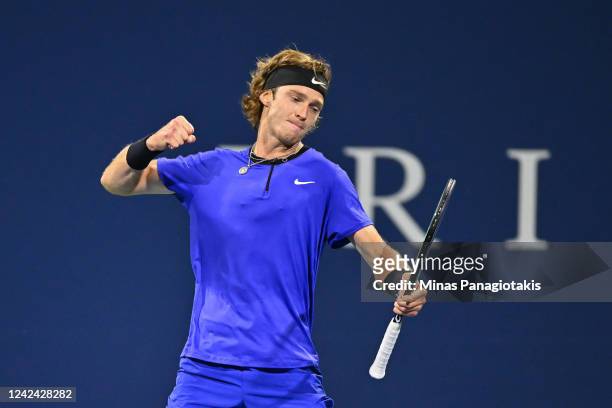 Andrey Rublev of Russia shows his frustration after losing a point against Daniel Evans of Great Britain during Day 5 of the National Bank Open at...