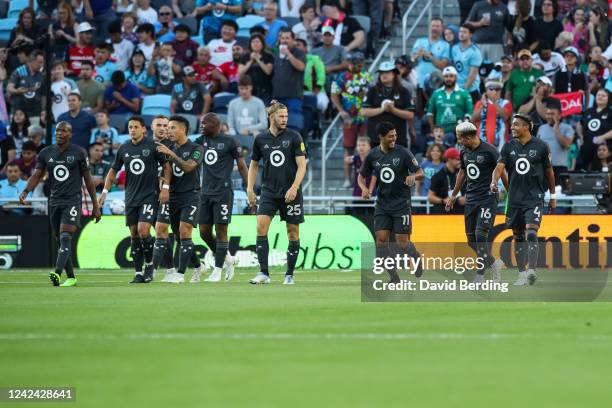 Members of the MLS All-Stars celebrate a goal by Carlos Vela against the Liga MX All-Stars in the first half of the MLS All-Star game at Allianz...